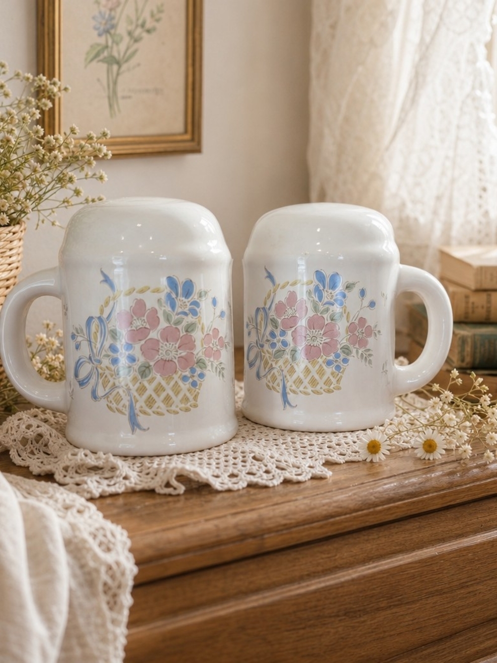 Johann Haviland "Country Basket" Vintage 80s S&P Shaker Set Mini Mug Shabby Chic